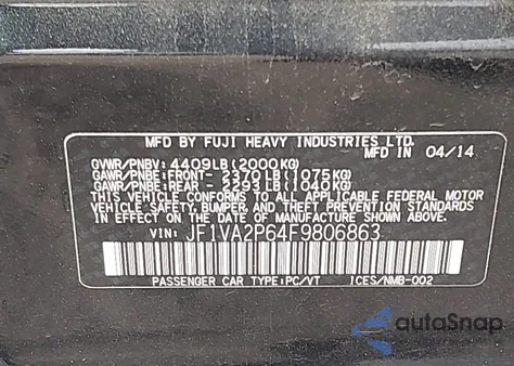 2015 Subaru Wrx Sti z USA, uszkodzony, nr VIN JF1VA2P64F9806863